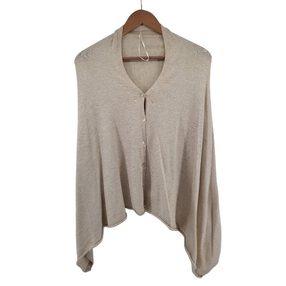Beige Button-Front Cardigan Poncho With Asymmetrical Hem & V-Neckline - Picture 1 of 4